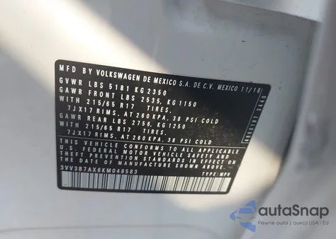 2019 Volkswagen Tiguan 2.0T Se/2.0T Sel/2.0T Sel R-Line/2.0T Sel R-Line Black z USA, uszkodzony, nr VIN 3VV3B7AX6KM048583